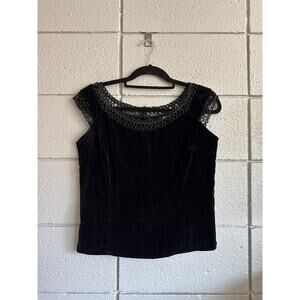 Vintage Boat Neck Black Velvet Cap Sleeve Top